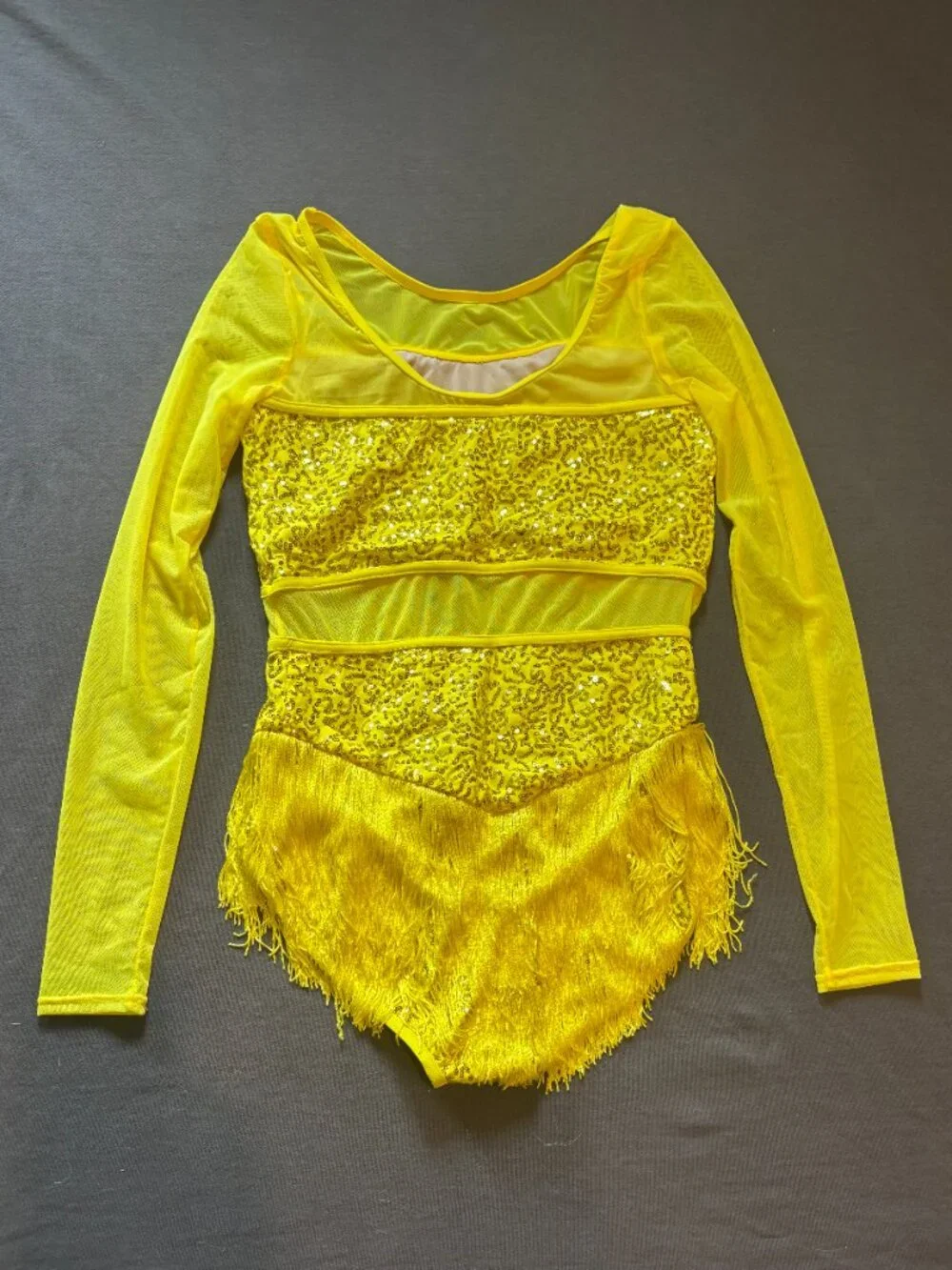 Weissman Yellow Sequin Mesh Long Sleeve Fringe Skirt Dance Costume Dress MC